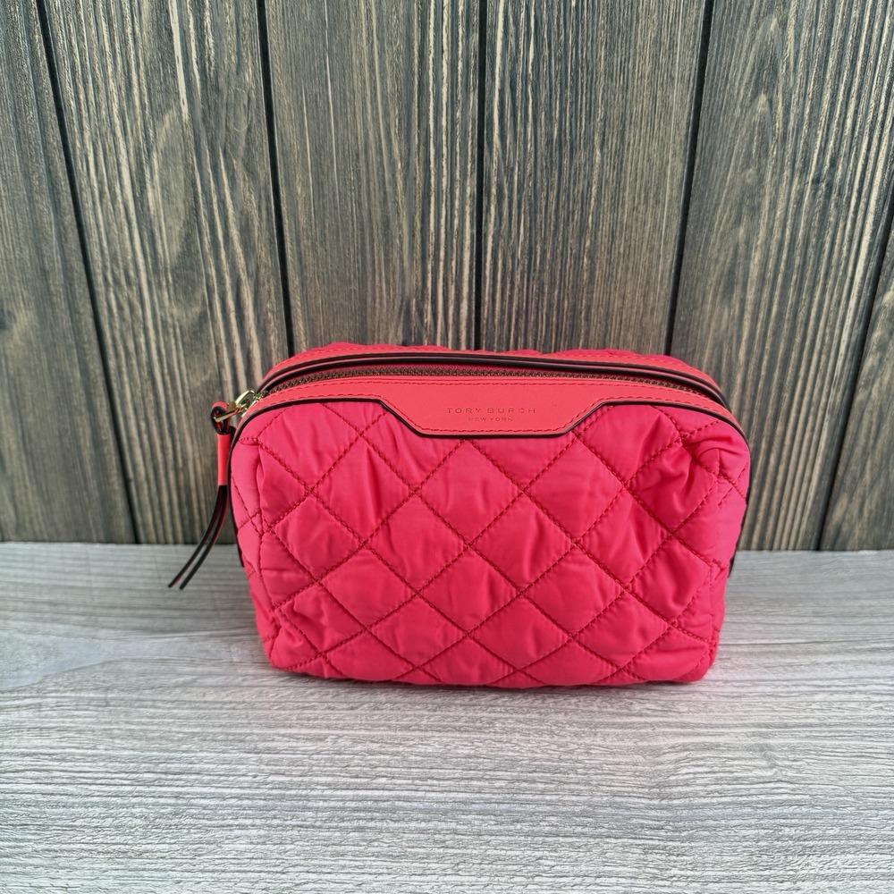 Tory Burch Perry Quilted Nylon Small Cosmetic Case Holi Pink Gold Zip